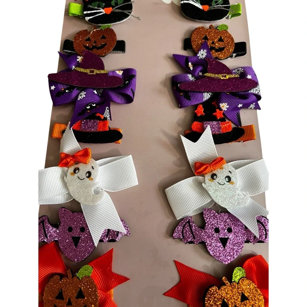 Halloween Hair Bows 14-Pack Girls Clips Bats Ghosts Pumpkins Cats Witches Cute!!